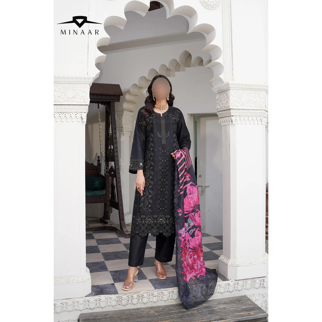 Black embroidered cotton 3-piece summer suit for women