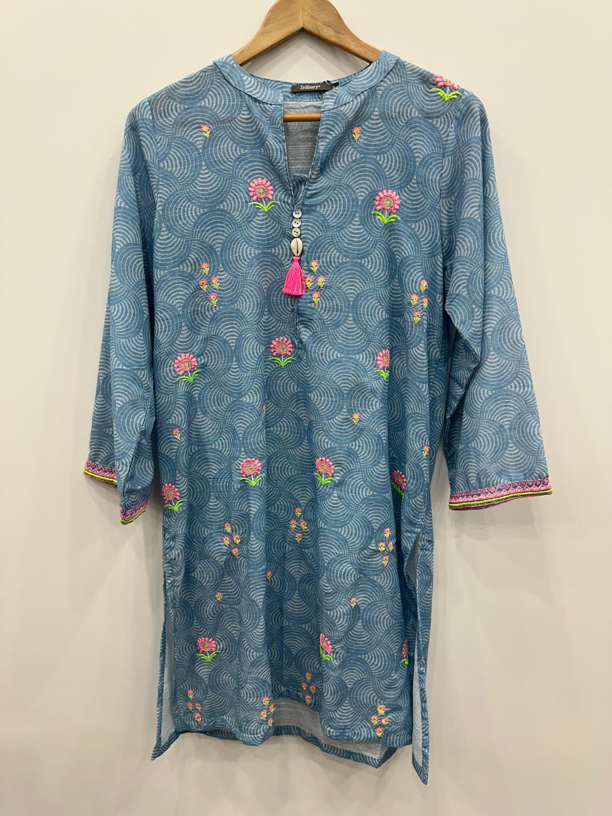Blue printed lawn Pakistani kurta with pink floral embroidery and tassel neckline