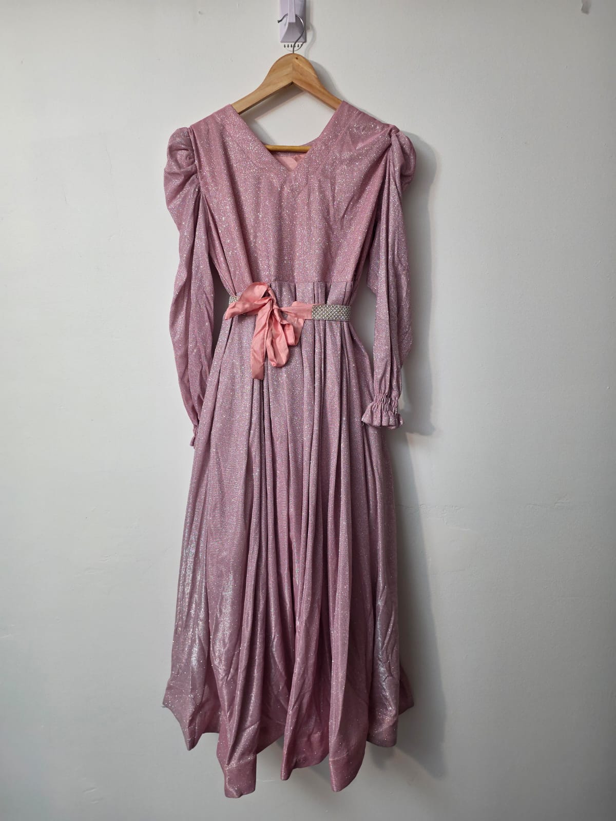 Blush pink Moonlight shimmer full length maxi dress with long puff sleeves and sparkling embellished waist belt