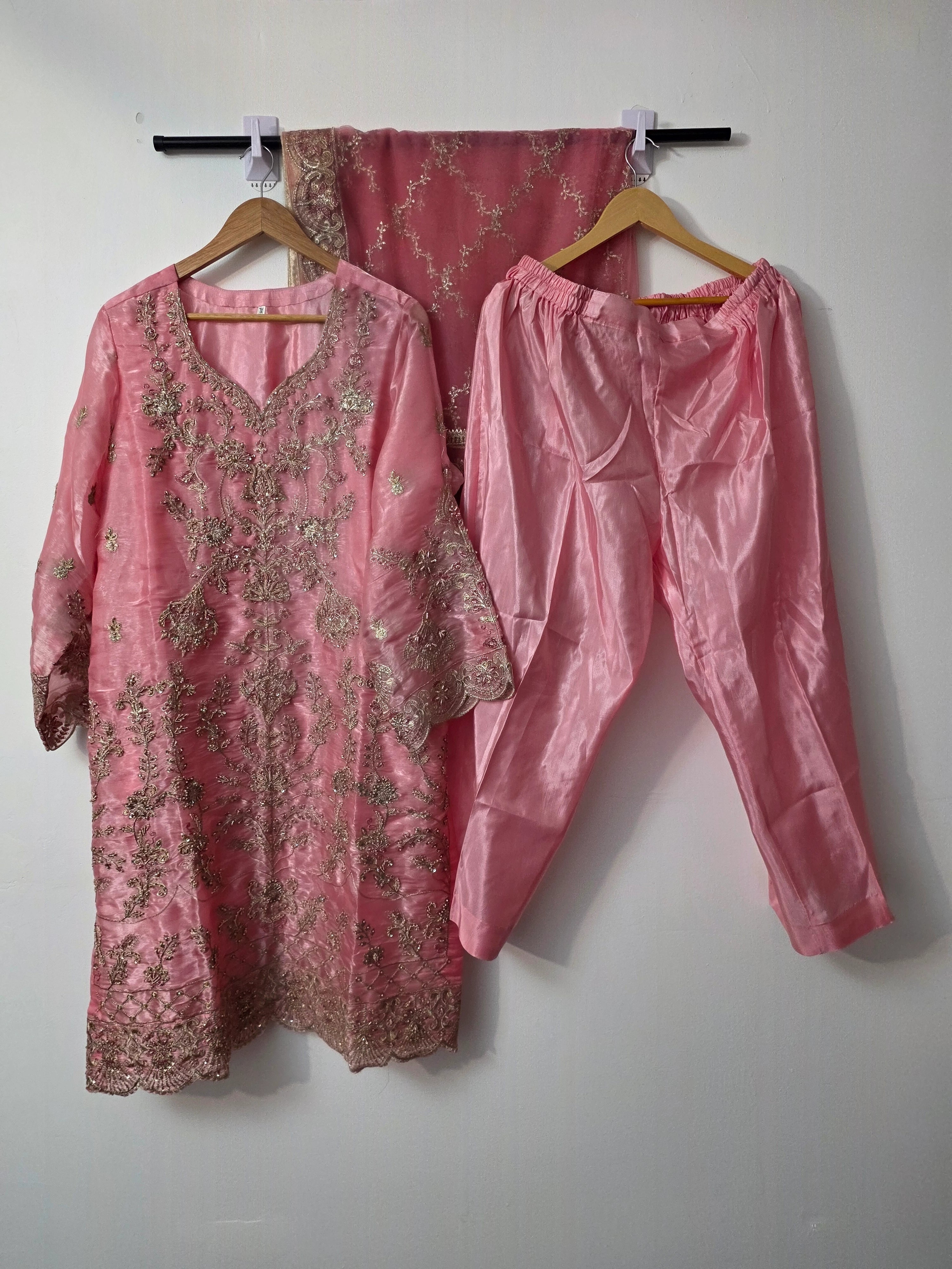 Blush pink Pakistani organza 3 piece suit with Cora Dabka embroidery