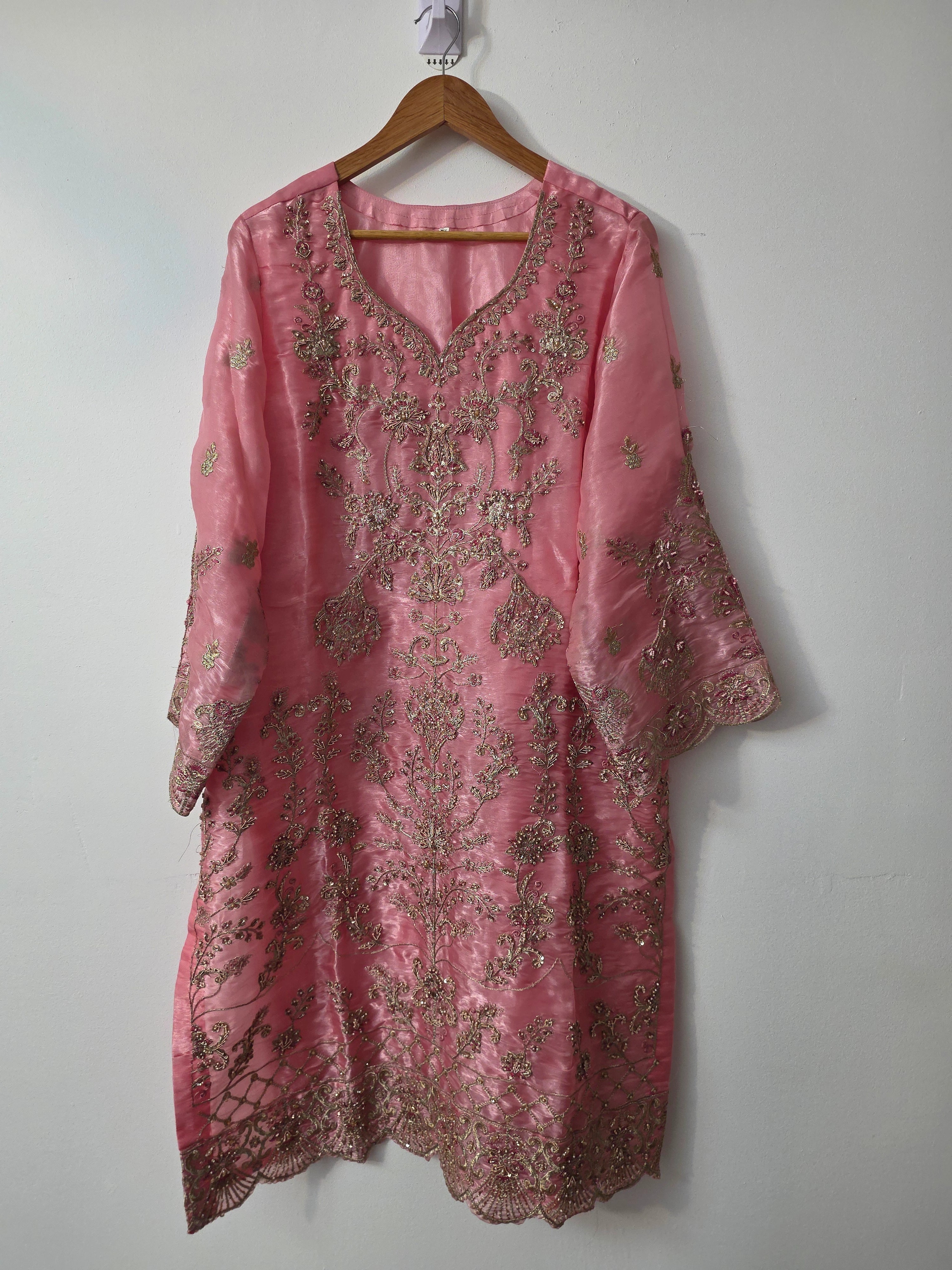 Blush pink embroidered organza dress with net dupatta and Katan trouser