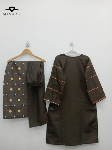 Brown Mirrorwork Multi Embroidery with Printed Karandi Shawl – 3PC Suit