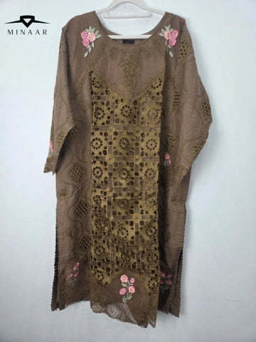 Brown Embroidered Cotton Lawn 3-Piece Suit with Khaddi Net Dupatta