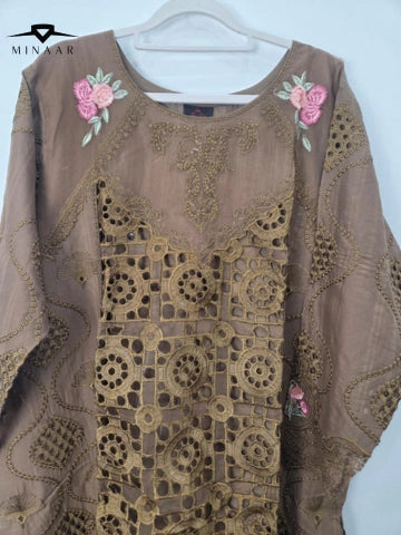 Brown Embroidered Cotton Lawn 3-Piece Suit with Khaddi Net Dupatta