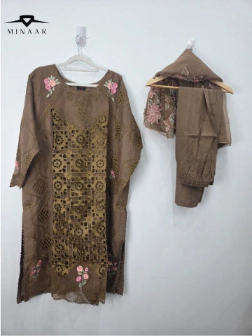 Brown embroidered cotton lawn 3-piece suit with plain trouser and khaddi net dupatta