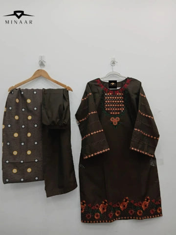 Brown Mirrorwork Multi Embroidery with Printed Karandi Shawl – 3PC Suit