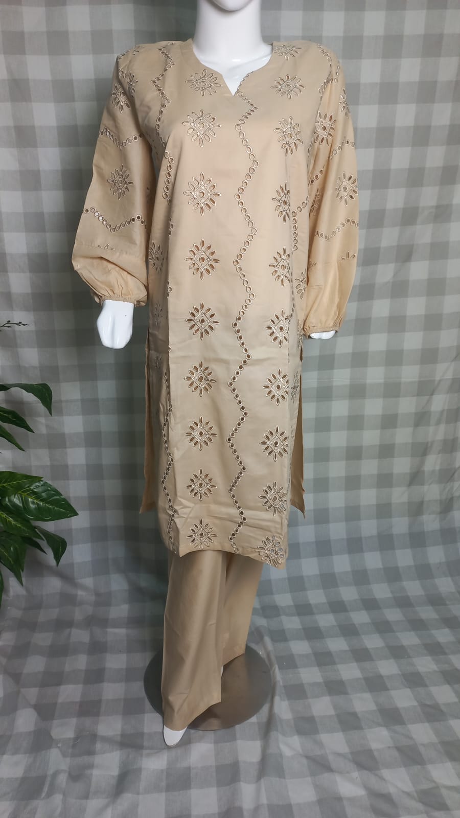 Chikankari lawn 3 piece Pakistani suit with plain trouser and diamond printed dupatta