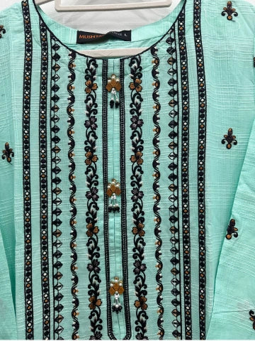Aqua Slub Cotton Embroidered Kurta Set with Khaddi Net Dupatta – 3 Piece