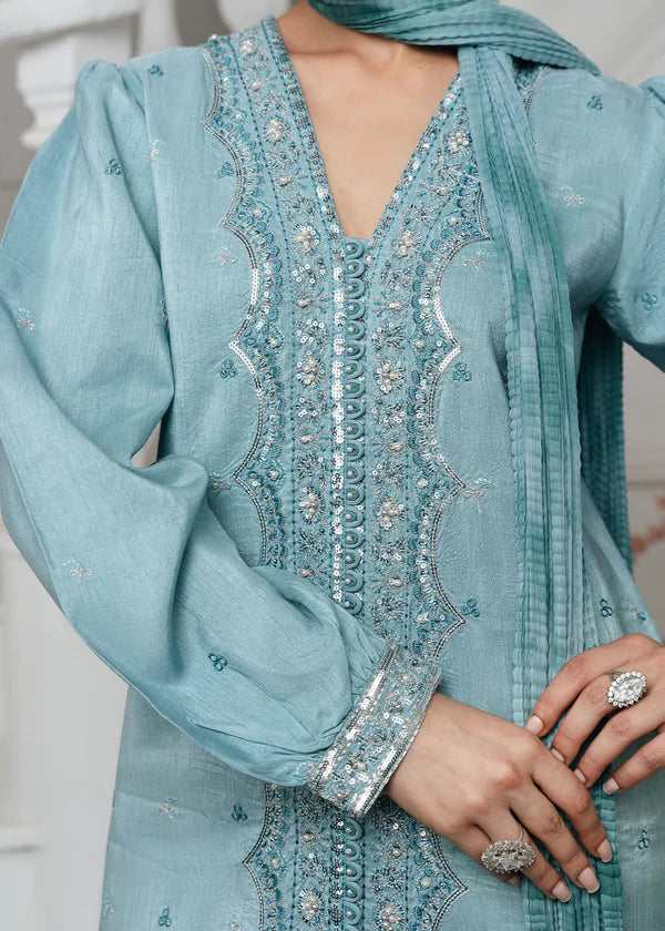 Ice Blue Embroidered Kurta Set | 3-Piece Outfit with Farshi Shalwar & Crushed Chiffon Dupatta