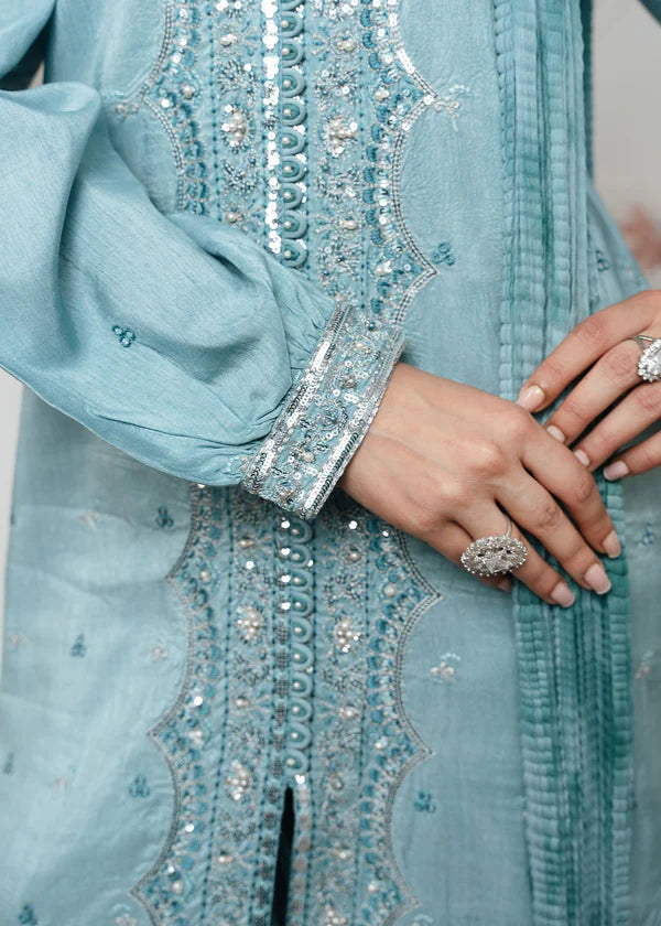 Ice Blue Embroidered Kurta Set | 3-Piece Outfit with Farshi Shalwar & Crushed Chiffon Dupatta