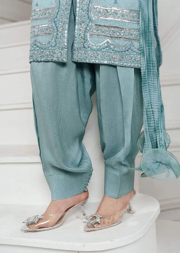 Ice Blue Embroidered Kurta Set | 3-Piece Outfit with Farshi Shalwar & Crushed Chiffon Dupatta