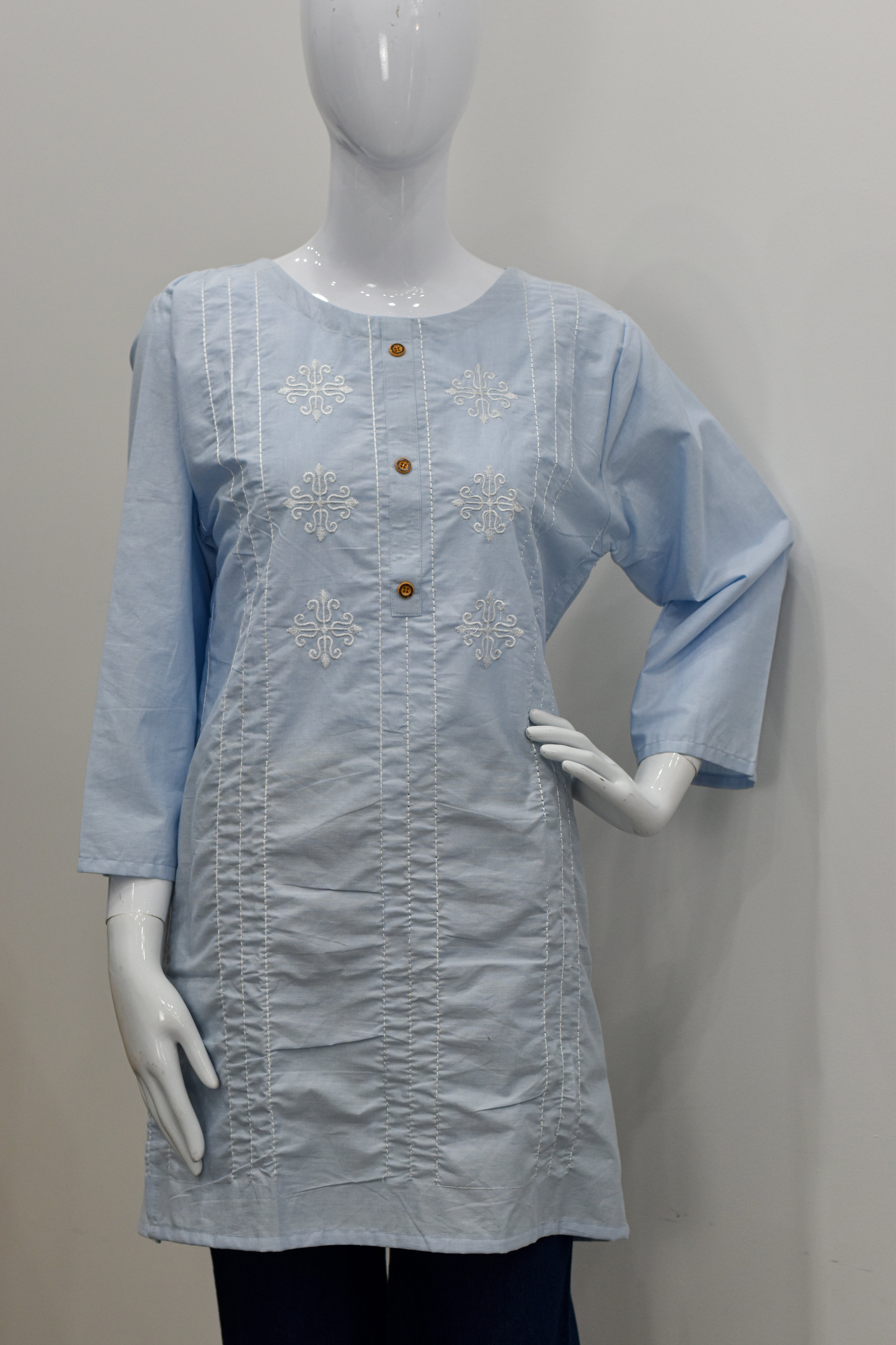 Embroidered Cotton Kurta – Denim Blue & Light Blue, Standard Size Easy Fit