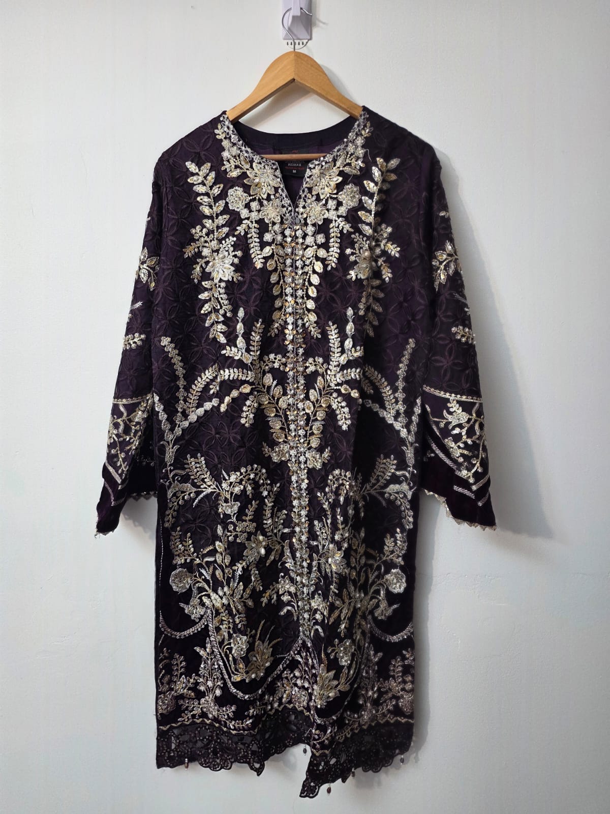 Deep purple Pakistani organza 3 piece suit with stone work, floral embroidery, cutwork border and raw silk trouser