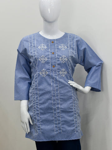Embroidered Cotton Kurta – Denim Blue & Light Blue, Standard Size Easy Fit