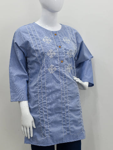 Embroidered Cotton Kurta – Denim Blue & Light Blue, Standard Size Easy Fit