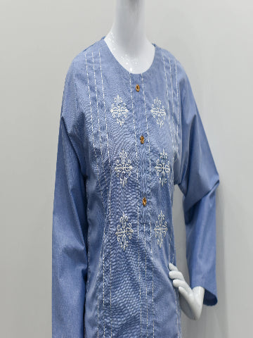 Embroidered Cotton Kurta – Denim Blue & Light Blue, Standard Size Easy Fit