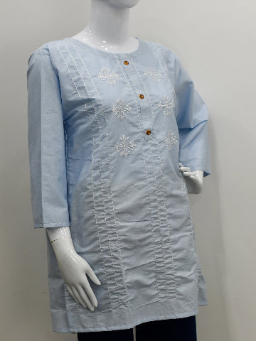 Embroidered Cotton Kurta – Denim Blue & Light Blue, Standard Size Easy Fit