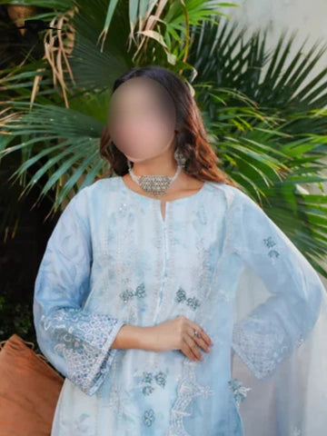 Sky Blue Embroidered Organza 3-Piece Suit with Printed Silk Trouser