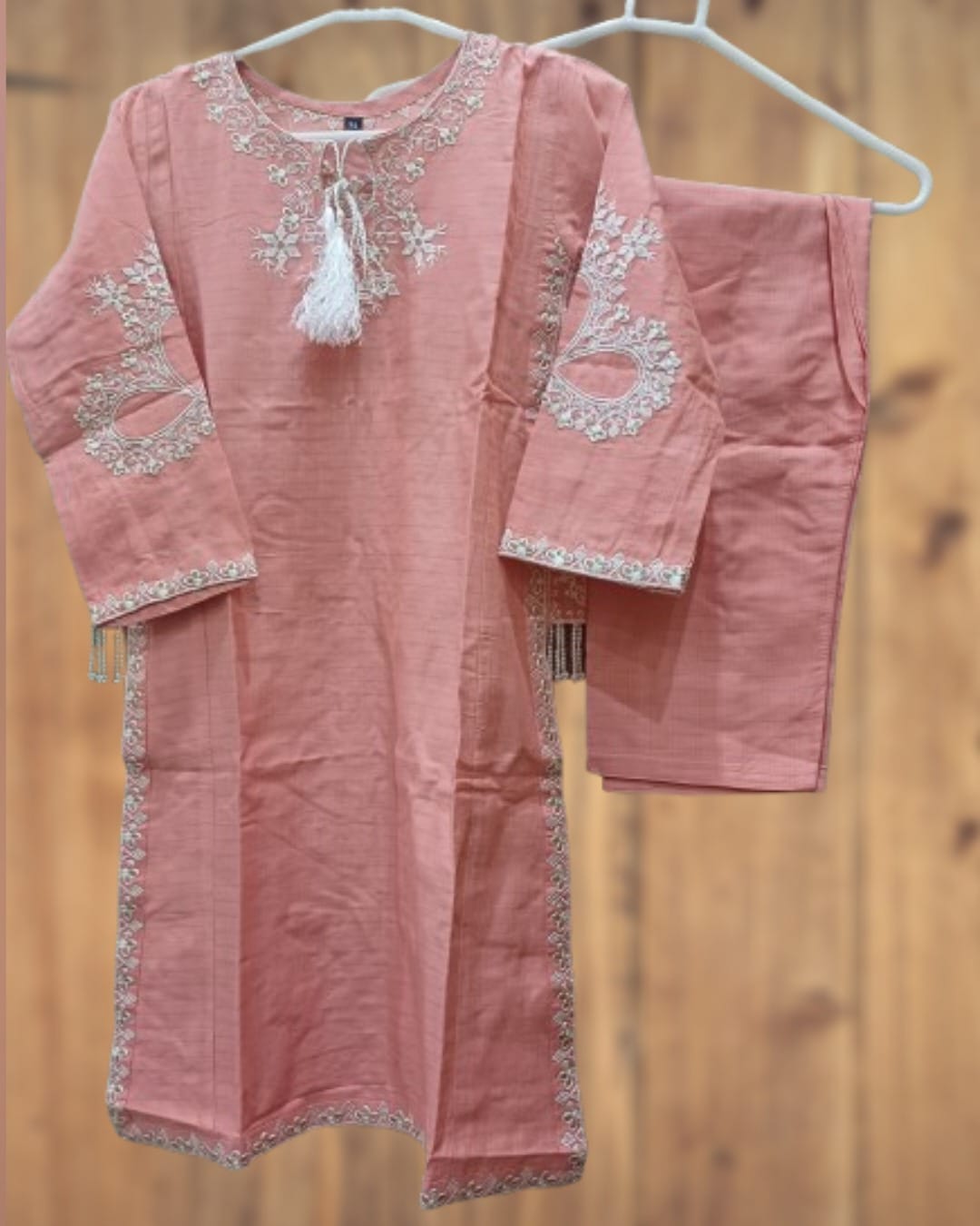 Dusty pink 2 piece girls Pakistani suit with white embroidered kurta,