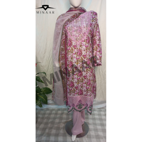 Pink Digital Printed Lawn 3 Piece Embroidered Suit with Chiffon Dupatta