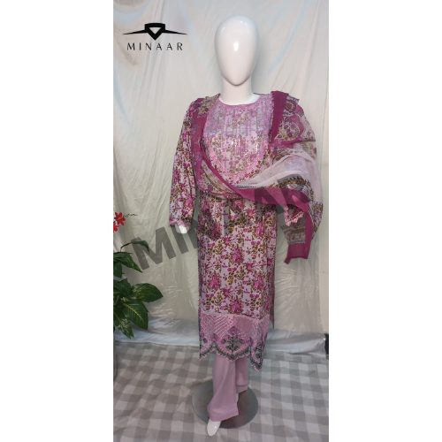 Pink Digital Printed Lawn 3 Piece Embroidered Suit with Chiffon Dupatta