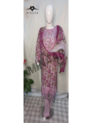 Pink Digital Printed Lawn 3 Piece Embroidered Suit with Chiffon Dupatta
