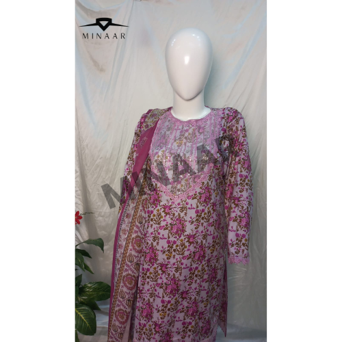 Pink Digital Printed Lawn 3 Piece Embroidered Suit with Chiffon Dupatta