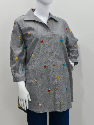 Floral Embroidered Cotton Kurta – Button-Down, Easy Fit
