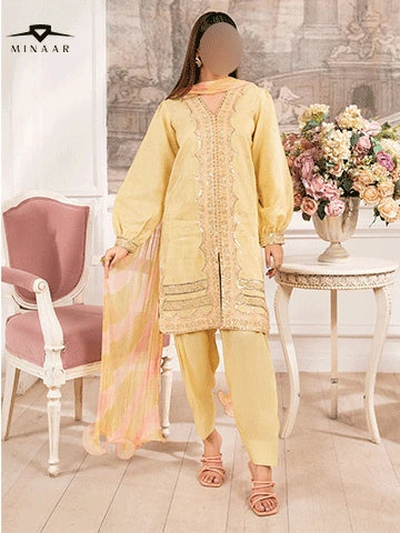 Lime Yellow Embroidered Kurta Set | 3-Piece Outfit with Farshi Shalwar & Crushed Chiffon Dupatta
