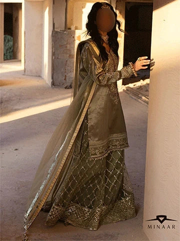 Olive Green Embroidered Sharara Set | 3-Piece Outfit with Tissue Shirt & Net Dupatta