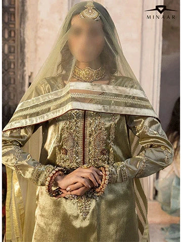 Olive Green Embroidered Sharara Set | 3-Piece Outfit with Tissue Shirt & Net Dupatta