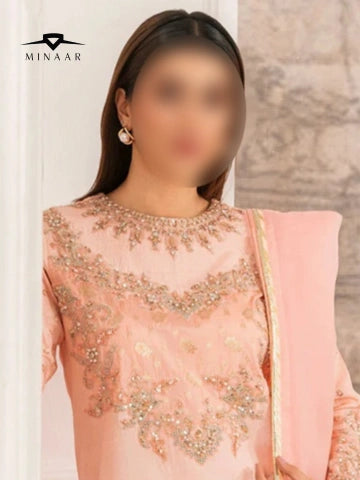 Peach Embroidered Rawsilk Kurta Set | 3 Piece Pakistani Suit for Women