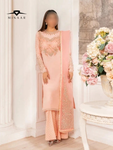 Peach Embroidered Rawsilk Kurta Set | 3 Piece Pakistani Suit for Women