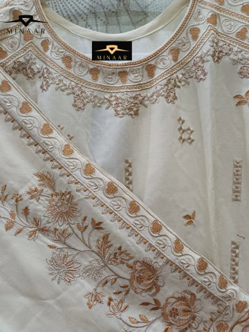 Off-White Embroidered Winter Cotton 3PC Suit with Matching Shawl