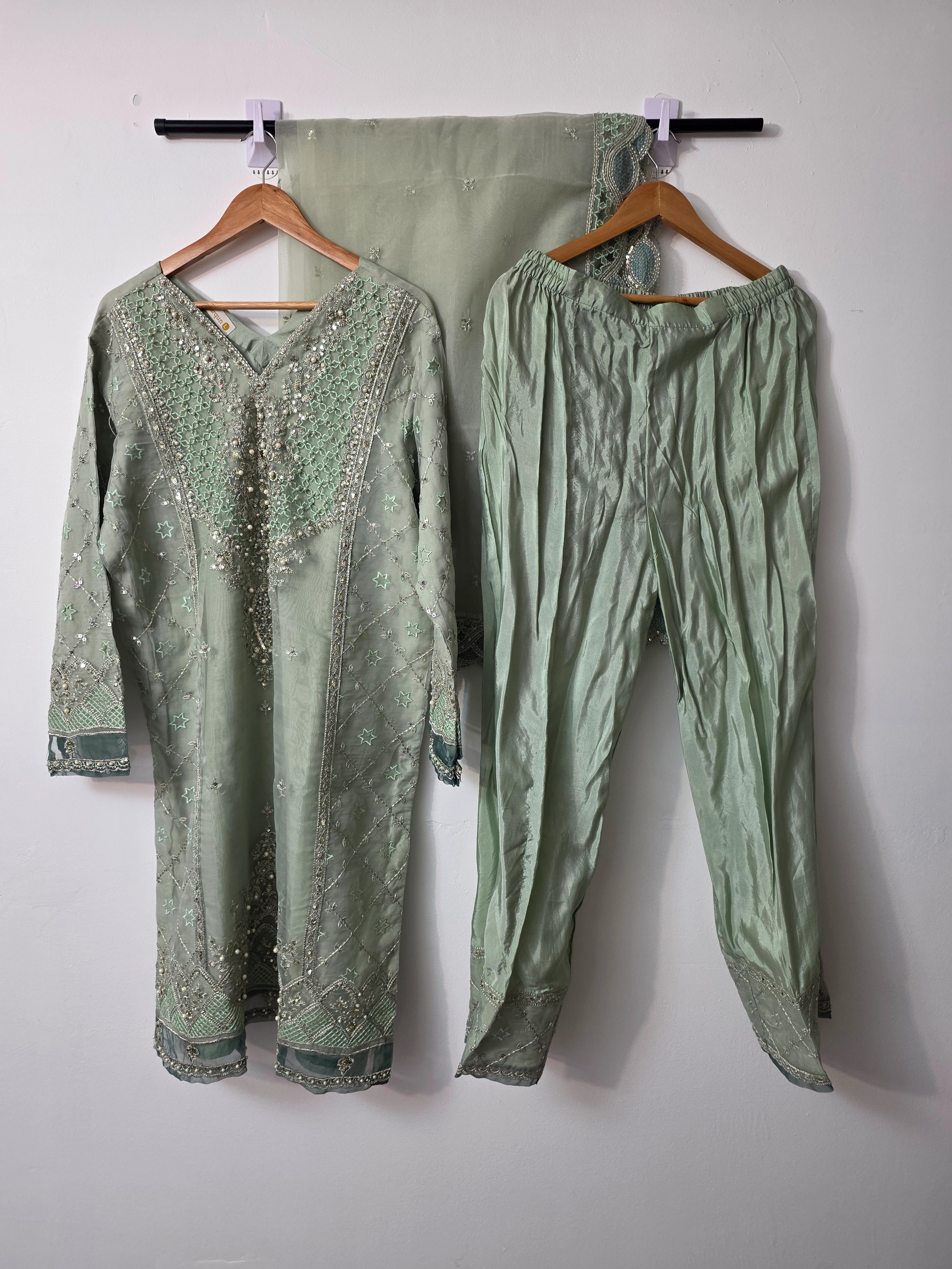 Embroidered mint green kurta set for wedding and festive wear