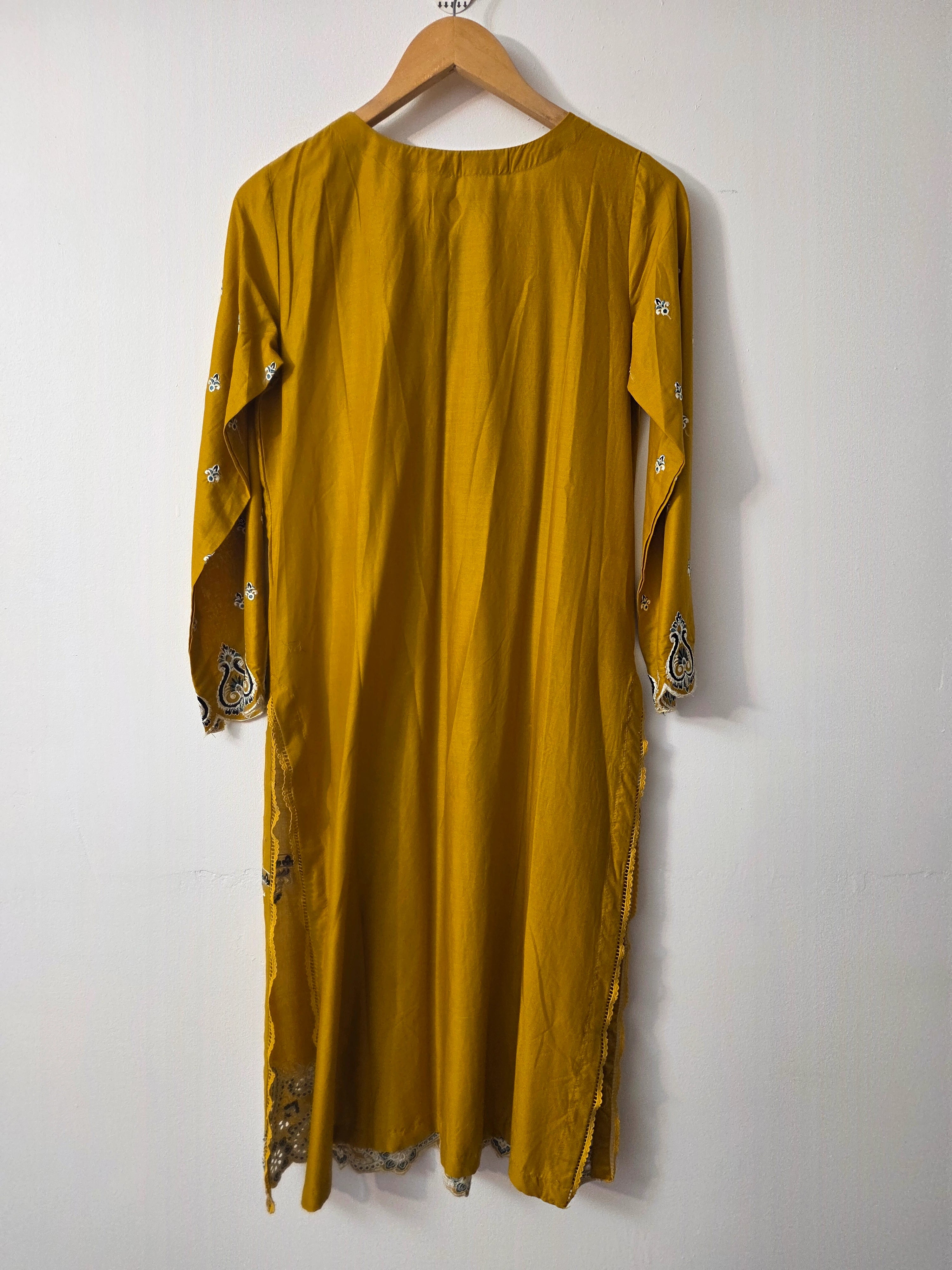 Embroidered mustard Pakistani dress with printed Khaddi Net dupatta