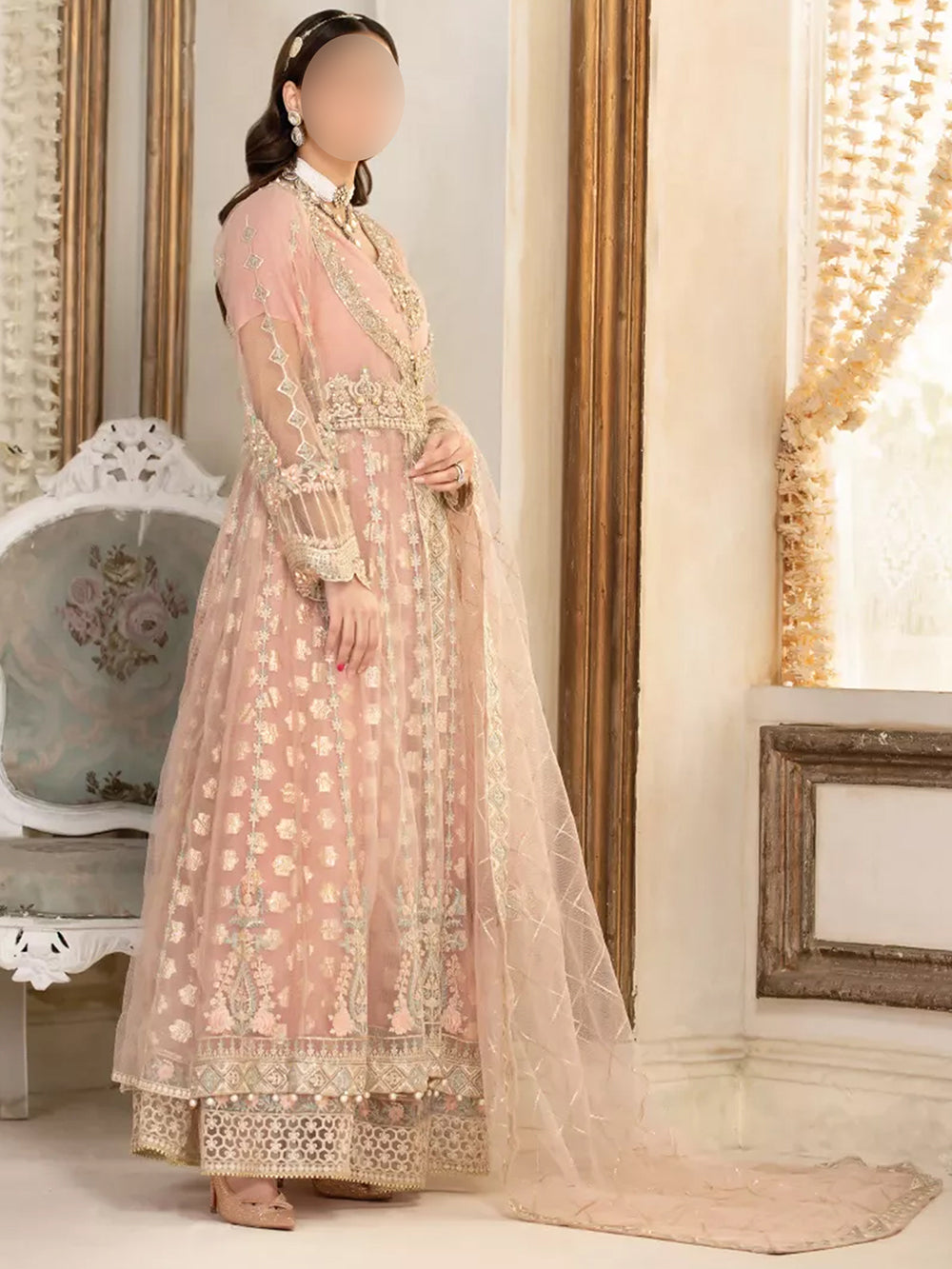 Embroidered net maxi with raw silk trousers