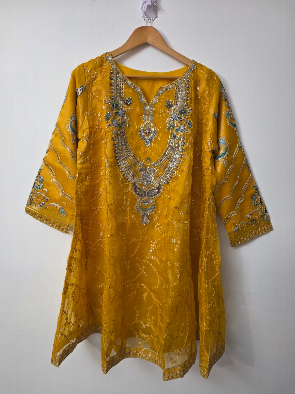 Embroidered organza Sharara with sitara work short frock