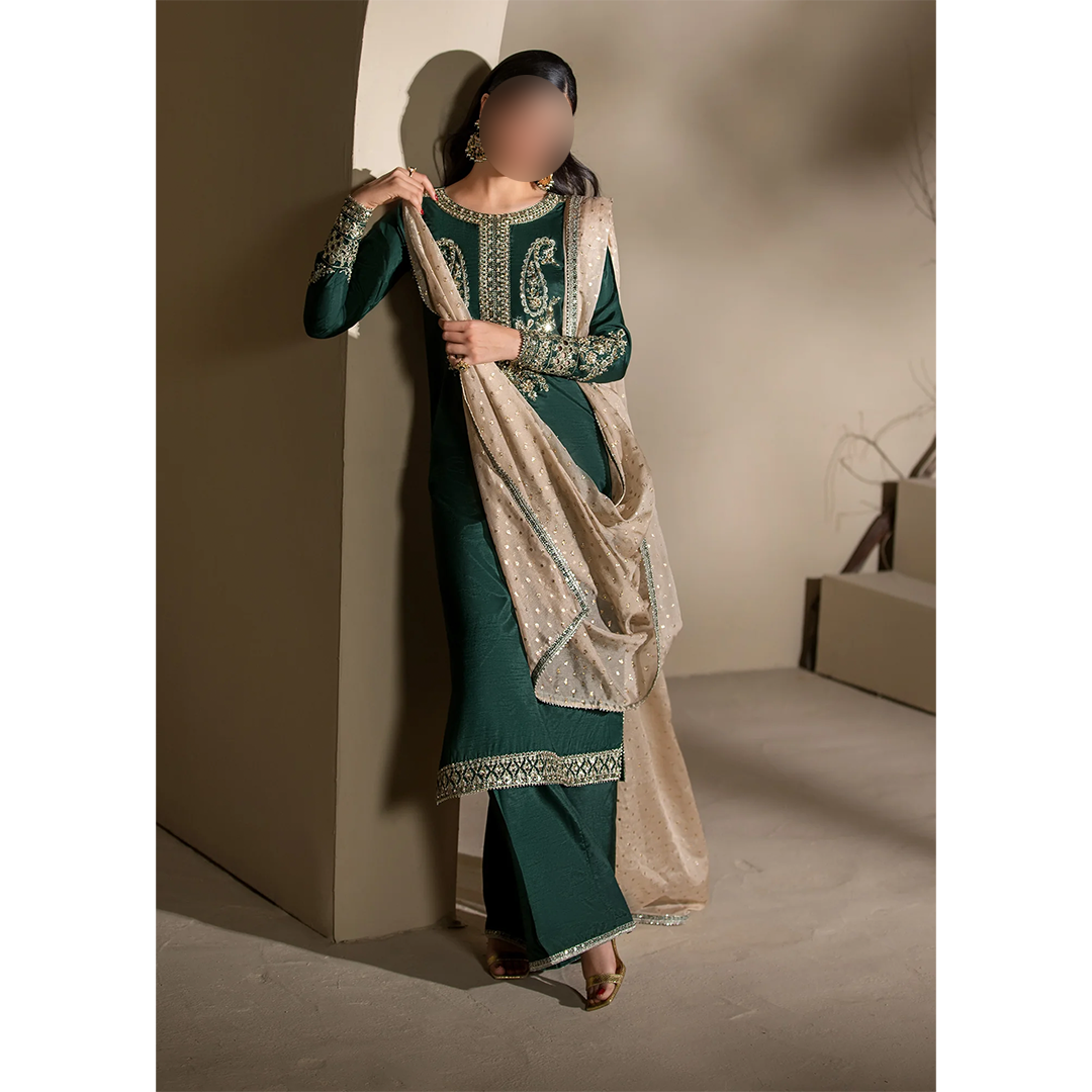 Embroidered raw silk long kurta and trouser set