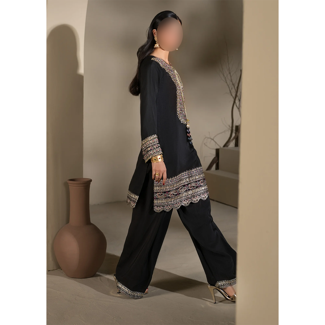 Embroidered raw silk short kurta and Farshi Shalwar