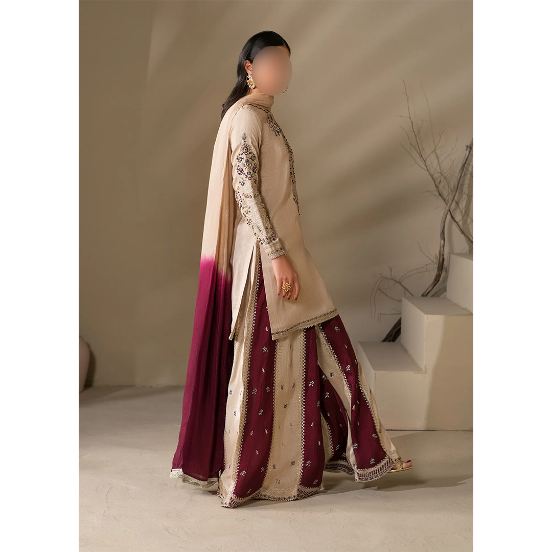 Embroidered raw silk short kurta and Sharara set