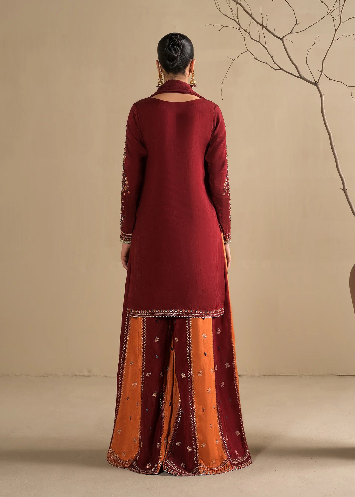 Embroidered raw silk short kurta and Sharara set