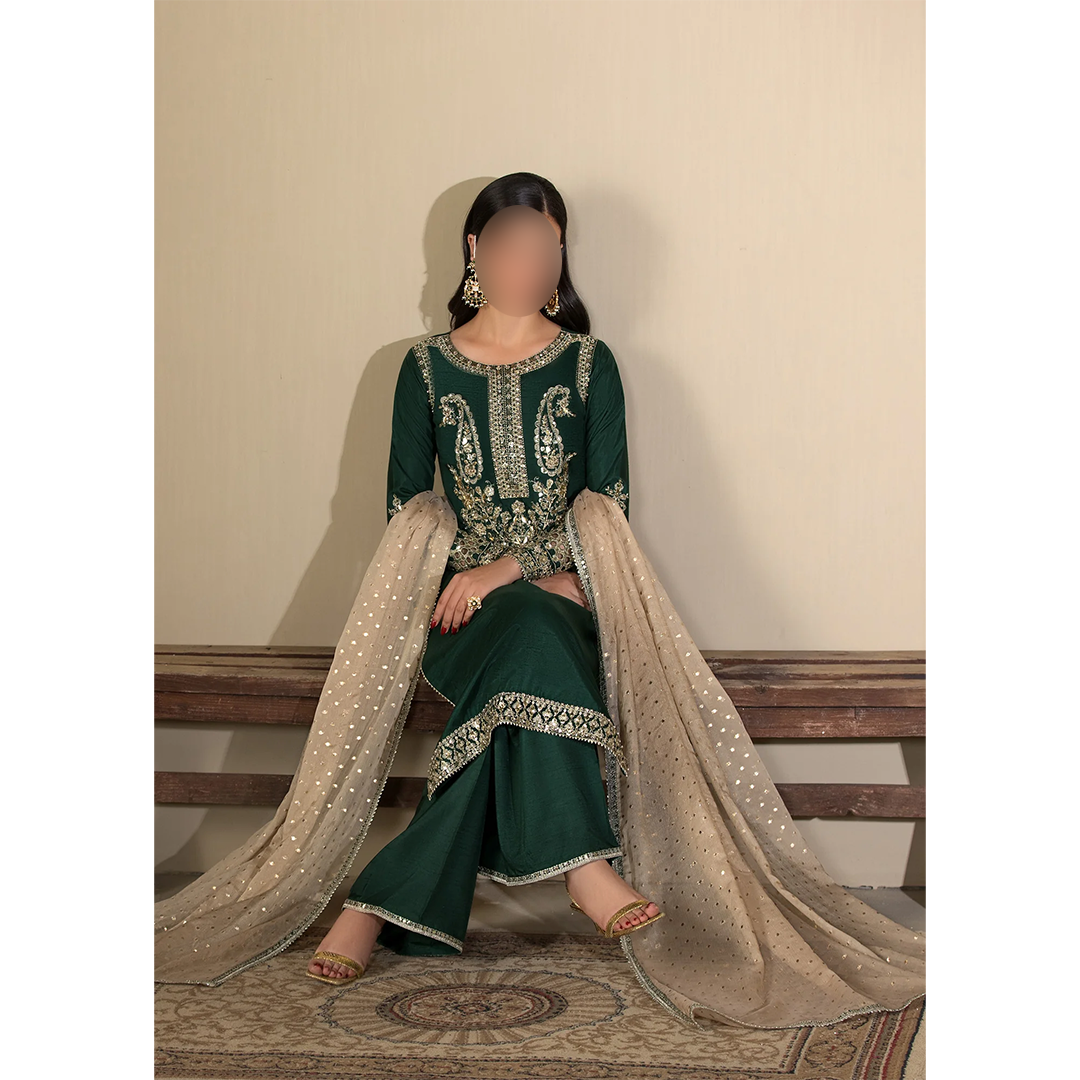 Emerald Pakistani 3 piece outfit with chiffon dupatta