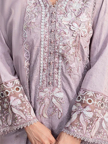 Schiffli Embroidered Cotton Suit – 3D Floral Shirt with Farshi Shalwar & Organza Dupatta