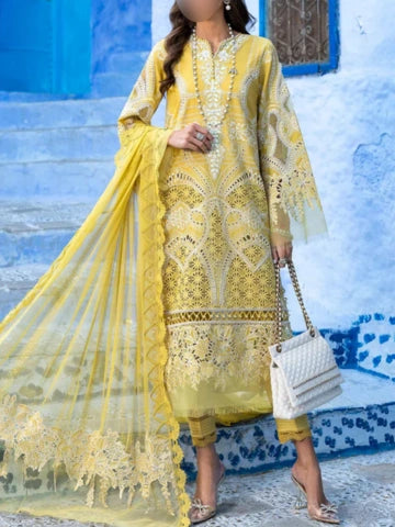 Festive lime yellow lawn outfit with organza and chiffon dupatta
