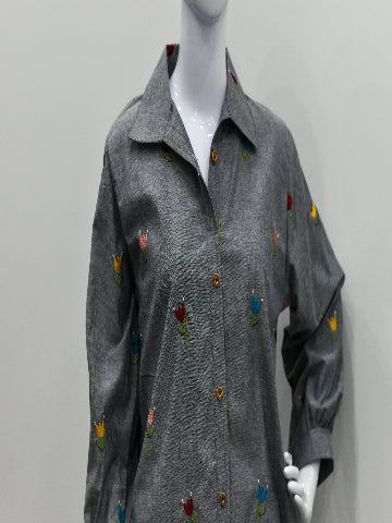 Floral Embroidered Cotton Kurta – Button-Down, Easy Fit