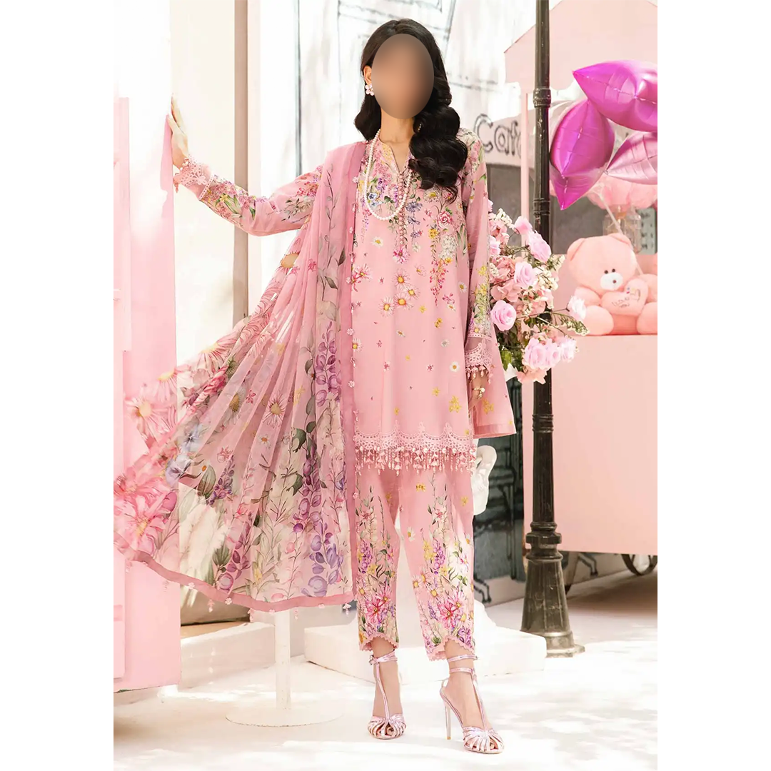 Floral embroidered pink lawn suit with printed chiffon dupatta and cambric trousers.