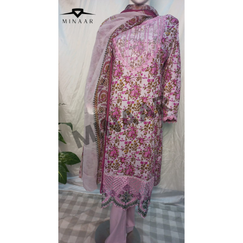 Pink Digital Printed Lawn 3 Piece Embroidered Suit with Chiffon Dupatta