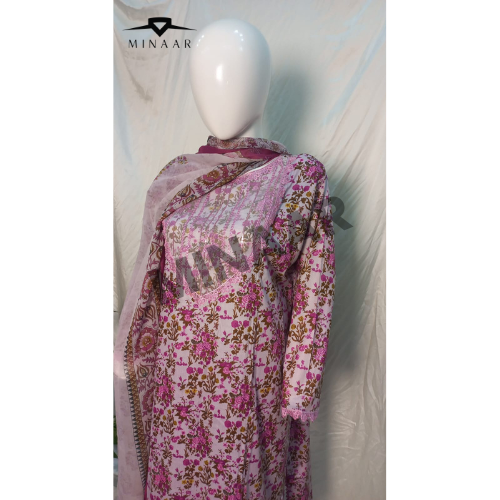Pink Digital Printed Lawn 3 Piece Embroidered Suit with Chiffon Dupatta