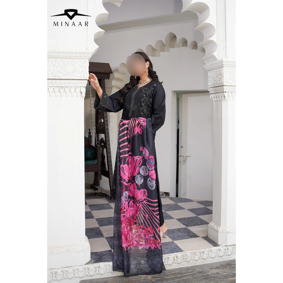 Black Premium Cotton 3-Piece Embroidered Summer Ensemble